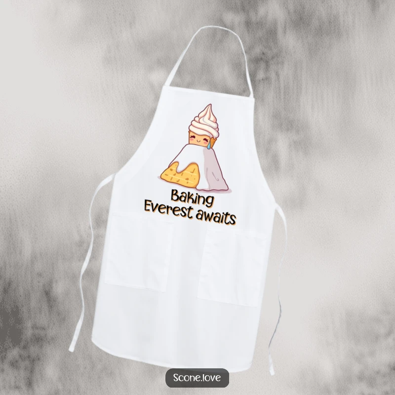 Funny apron featuring a scone with sweat drops climbing a whipped cream mountain, a humorous kitchen accessory.