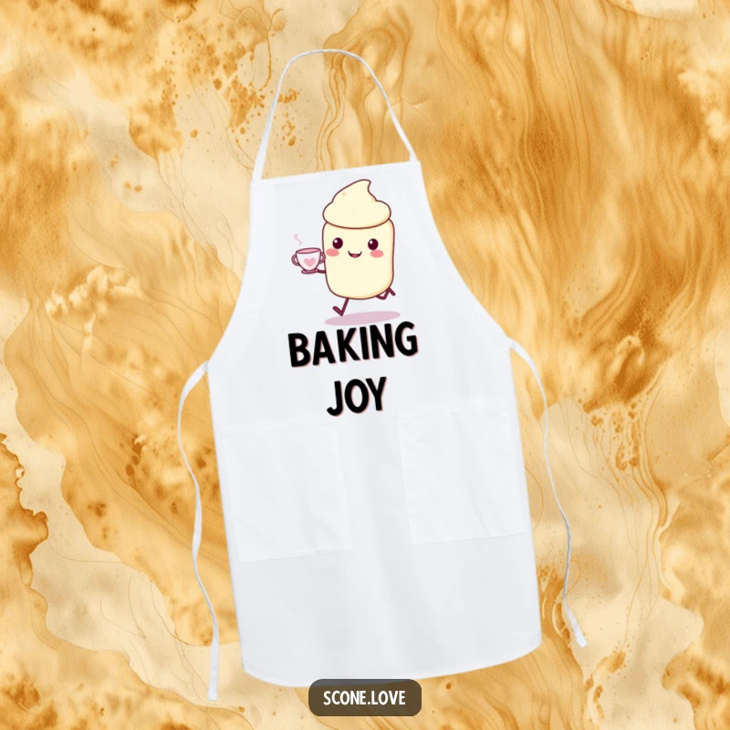 Funny Kawaii Scone Apron: a happy scone skips with a teacup, perfect for a funny baker's gift.