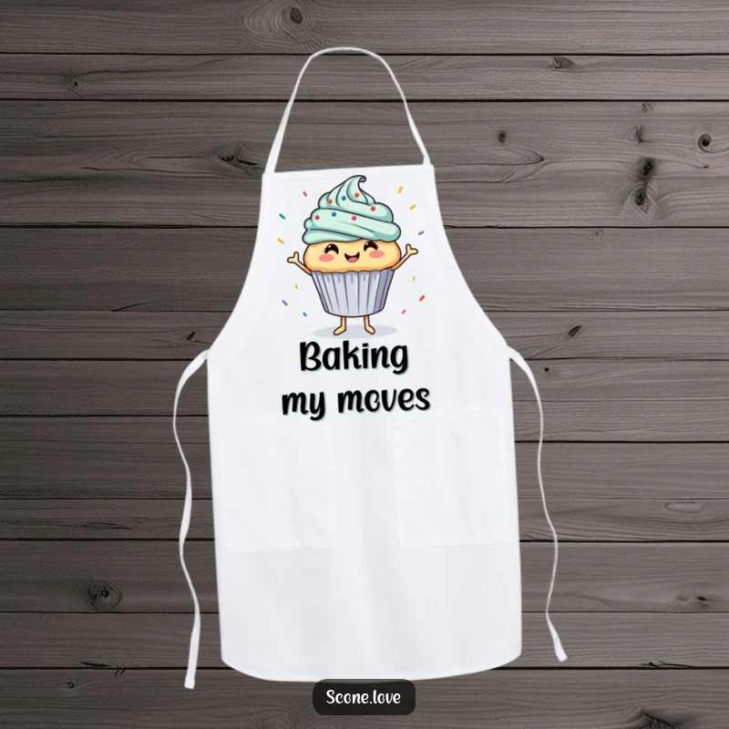 Funny apron depicts a smiling cupcake doing a lively dance with sprinkles raining down, adding a humorous and festive touch to cooking.