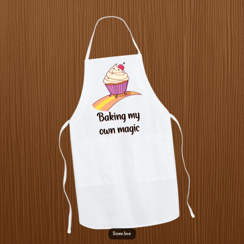 Funny apron featuring a smiling cupcake with legs sliding happily down a rainbow, perfect for a cheerful cooking experience.