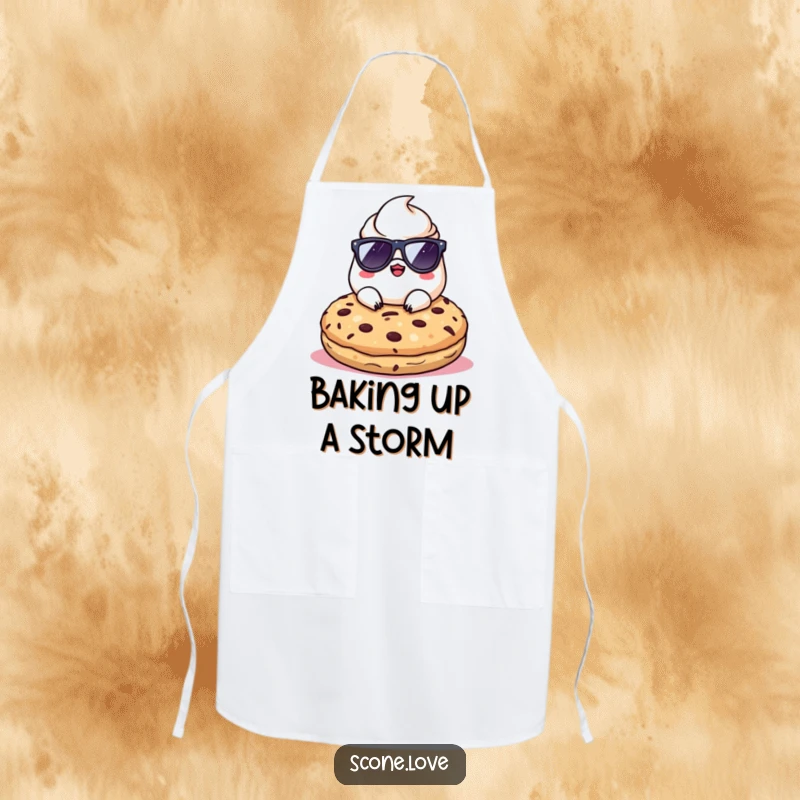 Funny Kawaii Scone wearing sunglasses, chilling on a giant cookie, on an apron for humorous cooking.