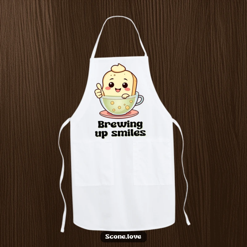 Funny Floating Scone Apron shows a smiling scone giving a thumbs up while floating in tea, ready for humorous kitchen fun.