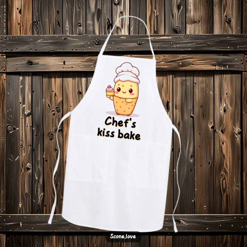 Funny Kawaii Scone Chef Apron: A scone in a chef's hat proudly presents a tiny cake, ready for culinary creation.