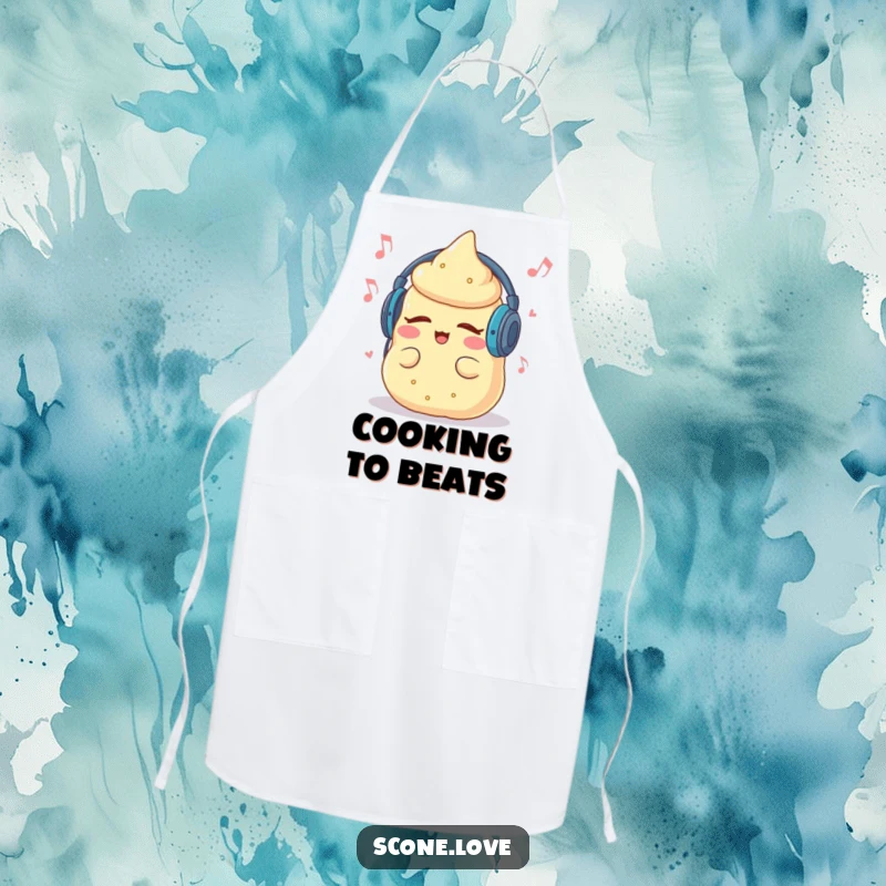 Funny apron featuring a scone wearing headphones, grooving while cooking, adding musical cheer to the kitchen.