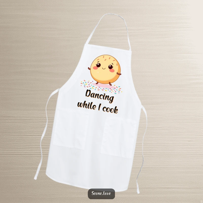 Funny Donut Apron, depicting a smiling baked good dancing with tiny legs on sprinkles, perfect for a fun and cheerful cooking experience.