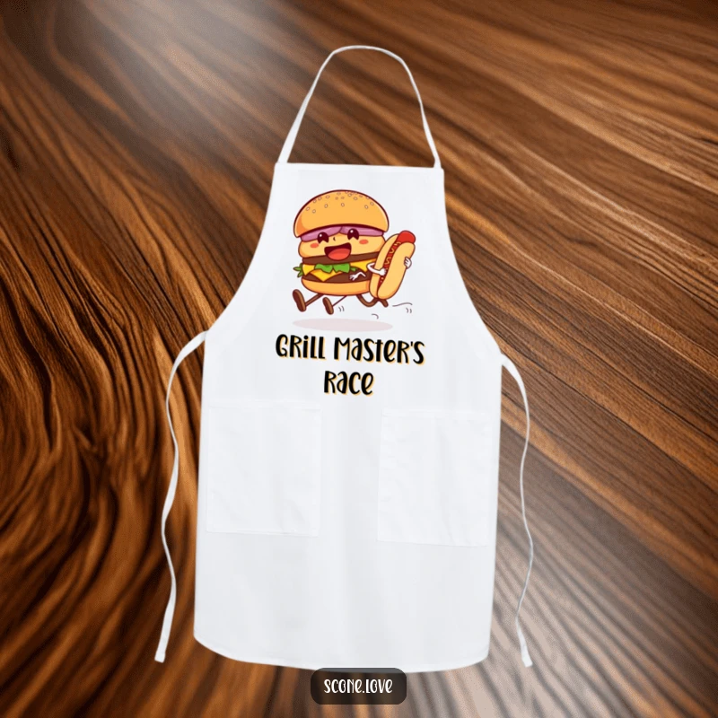 Funny apron depicting a hamburger and hot dog sprinting in a race, ideal for kitchen use and bringing humor to cooking activities.