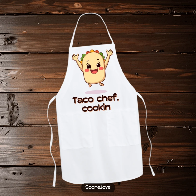 Funny Apron: A smiling taco leaping with arms up, ready to add flavor and fun to any culinary creation.