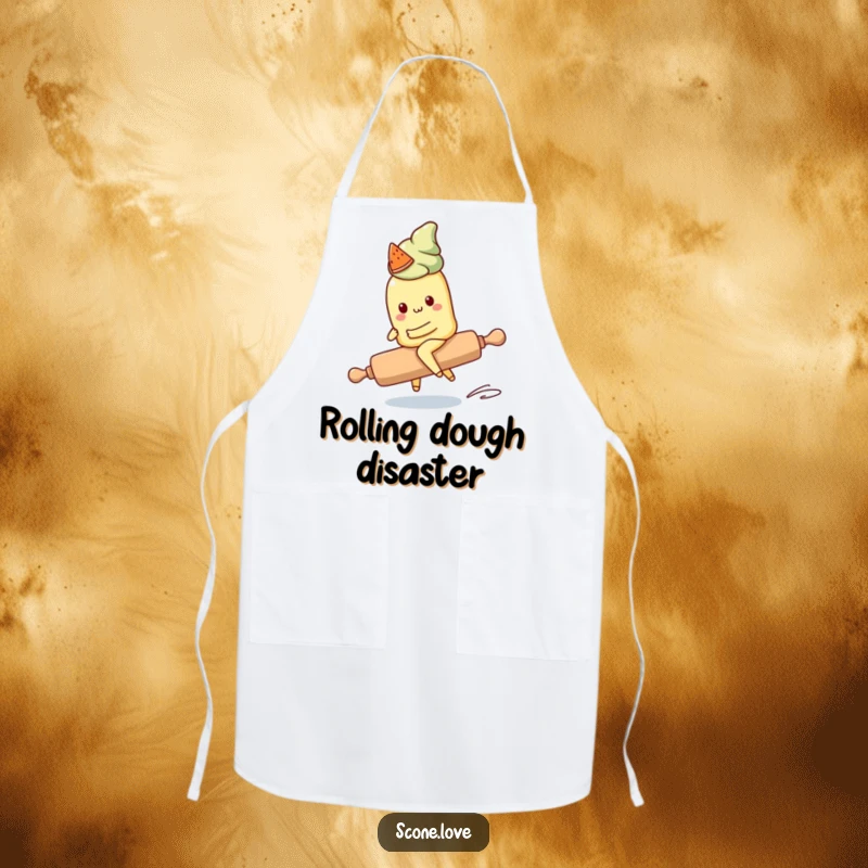 Funny Kawaii Scone Apron: A cute scone character attempts to ride a runaway rolling pin, bringing humorous charm to kitchen tasks.