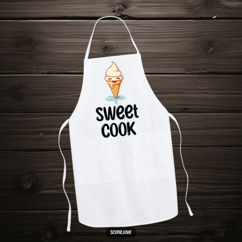 Funny apron depicting a happy, melting ice cream cone, perfect for kitchen use and adding a sweet, humorous touch to cooking.