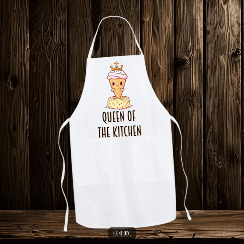 Funny Scone Apron: A scone wearing a crown and standing on sprinkles, adding humor to baking attire.