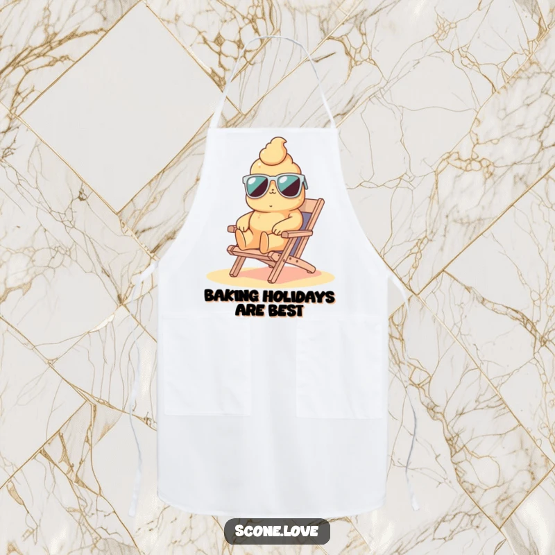 Funny scone in sunglasses lounging on a beach chair, a humorous apron for chefs who appreciate fun.