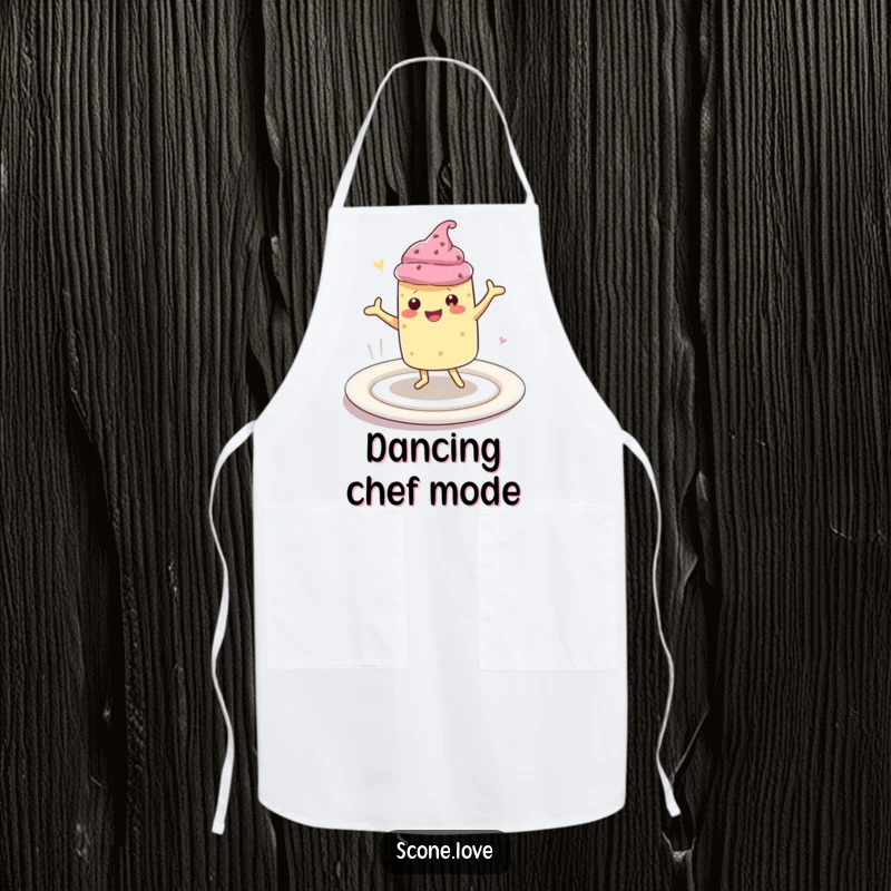 Funny apron with a kawaii scone character performing a happy dance on a large plate, designed for bakers who love to celebrate with humor.
