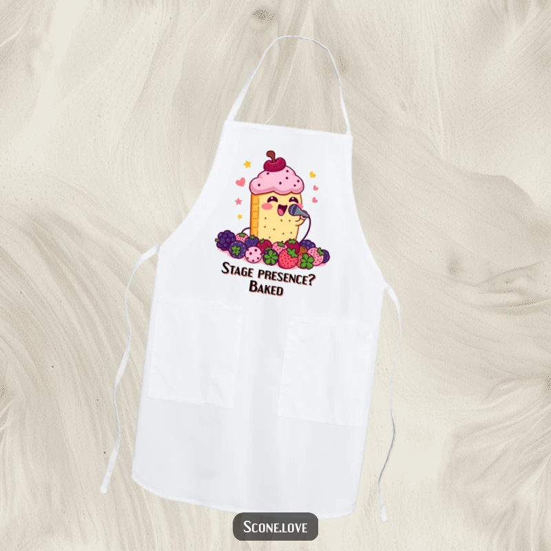 Funny scone singing with a microphone to berries, a humorous apron for chefs who appreciate music.