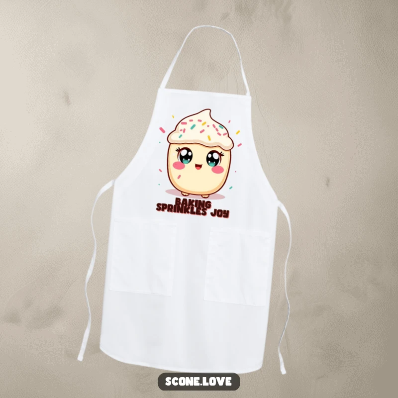 Funny apron with a kawaii scone character catching sprinkles, designed for bakers who love a laugh and sweet treats, a great gift.