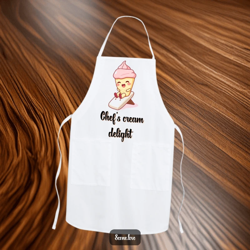 Funny apron with a kawaii scone character giggling down a whipped cream slide, practical kitchen wear for bakers who love humor.