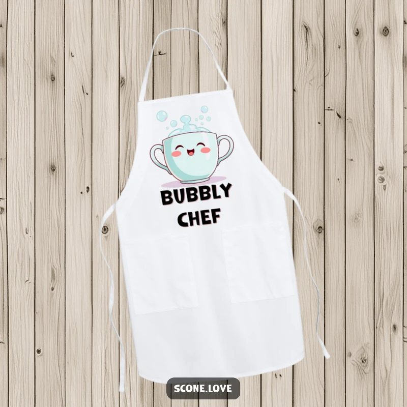 Funny teacup apron showing a smiling teacup pouring out bubbles, perfect for kitchen use and adding whimsical cheer.