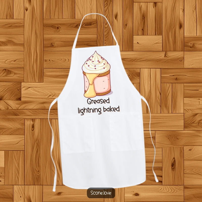 Funny apron showing a scone mid-slide down butter, a comical kitchen accessory for baking enthusiasts and joke lovers.