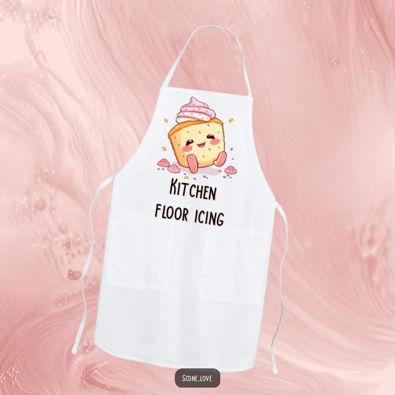 Funny scone apron showing a scone character tripping and scattering icing, adding humor and practicality to any kitchen task.