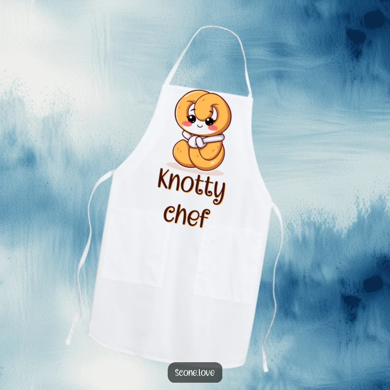 Funny apron design showing a pretzel focused on tying its own knot, ideal for cooking and baking with a humorous, resourceful theme.