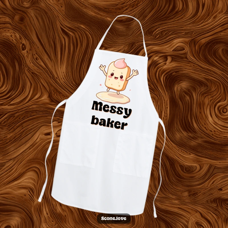 Funny Kawaii Scone Apron: a scone waves and leaps over a frosting puddle, perfect funny cooking gift.