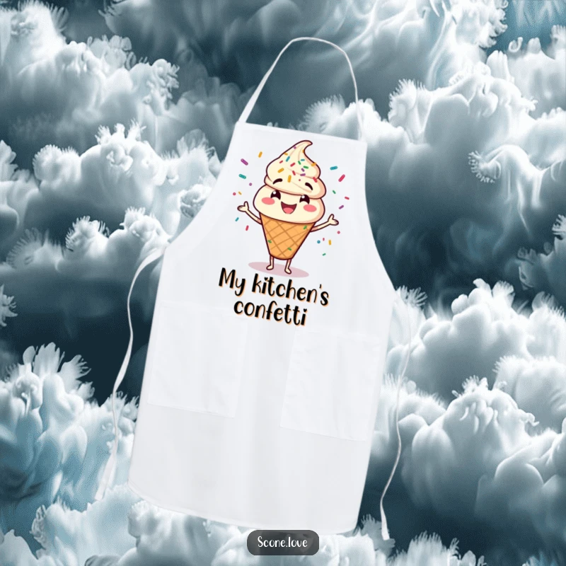 Funny apron featuring a happy scone character artfully juggling colorful sprinkles while cooking.