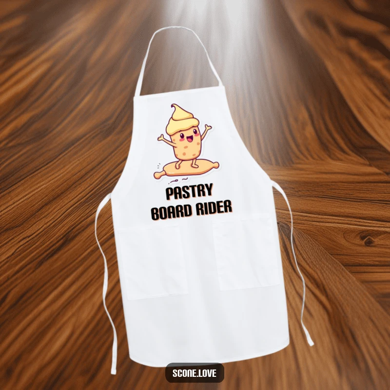 Funny Kawaii Scone Apron: a scone surfs on a rolling pin like a surfboard, perfect funny cooking gift.