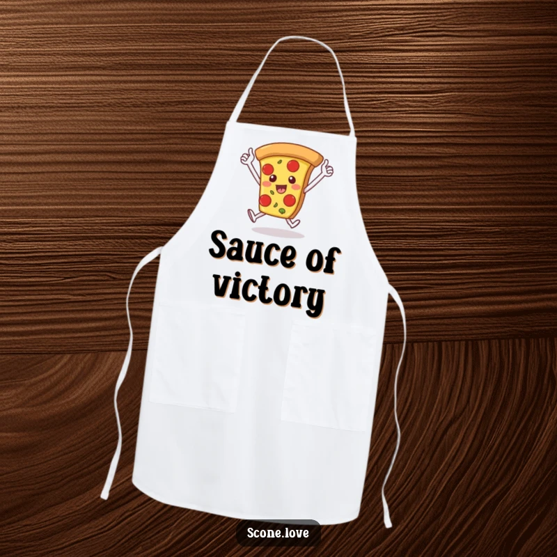 Funny apron depicts a pizza slice with arms raised, running a victory lap, adding a humorous and triumphant touch to culinary tasks.