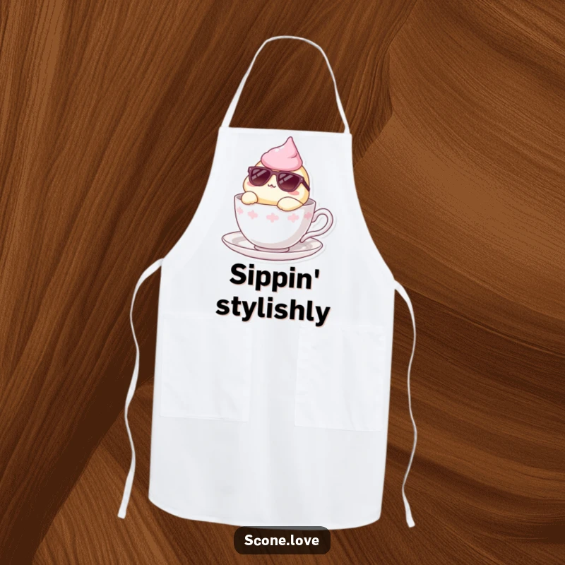Funny apron showing a scone wearing sunglasses, lounging in a teacup, a humorous accessory for the kitchen.