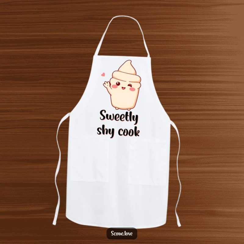 Funny apron featuring a shy scone character blushing and waving, adding sweet charm to kitchen duties.