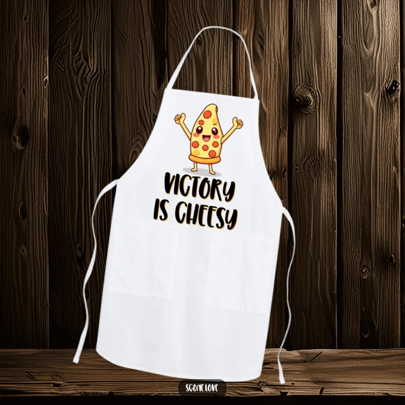 Funny pizza apron showing a cheesy slice in a triumphant pose, perfect for kitchen enthusiasts and funny gift ideas.