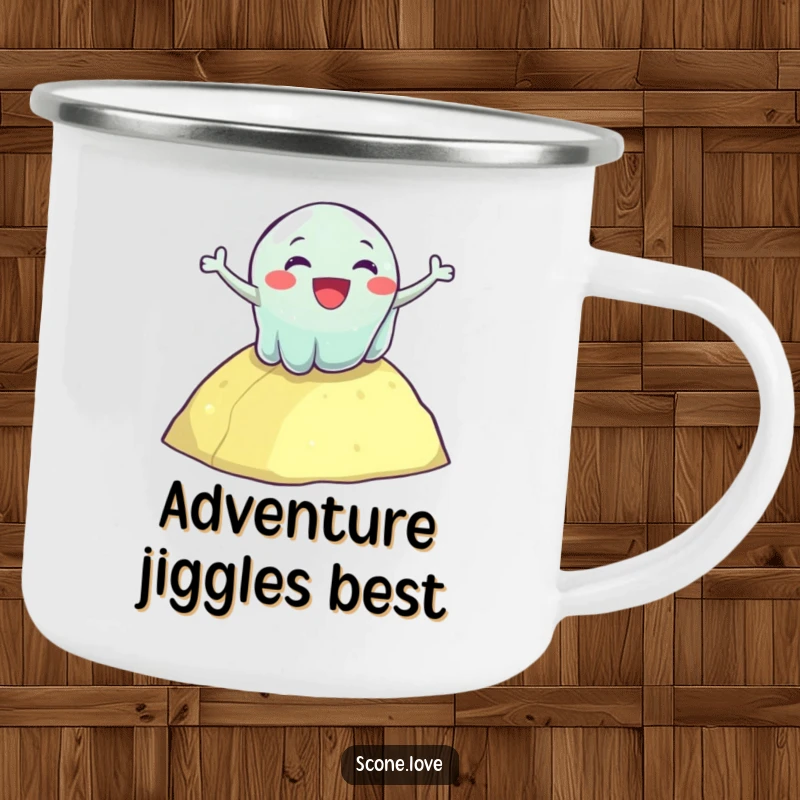 Funny camping mug with a delightful wobbly jelly tumbling down a hill, durable for adventures and full of jiggly humor.