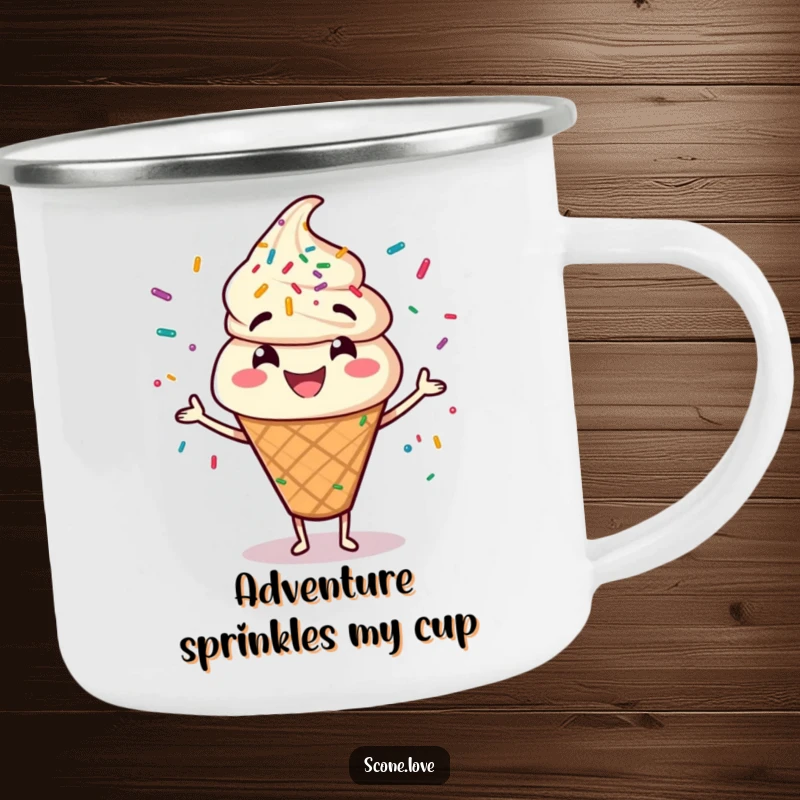Funny camping mug featuring a smiling scone character juggling a delightful shower of colorful sprinkles outdoors.