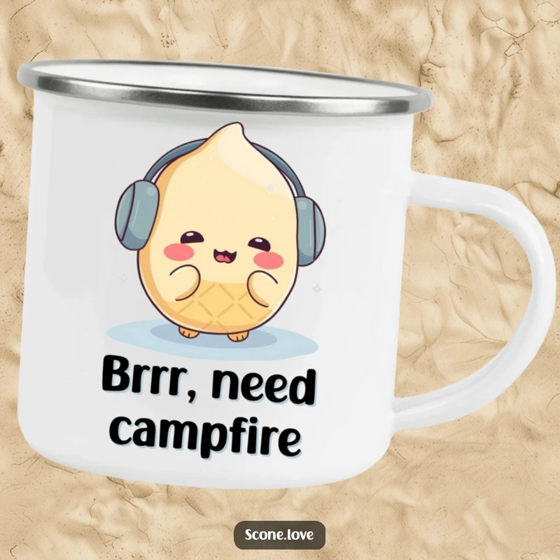 Funny kawaii scone illustration with earmuffs, humorously shivering in the cold, printed on a rugged camping mug.