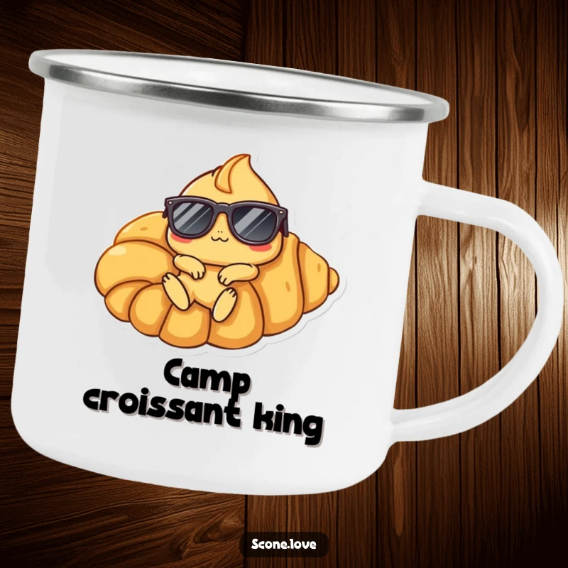 Funny Scone Croissant Camping Mug: A scone character with sunglasses lounges on a croissant, embodying outdoor relaxation and humor.