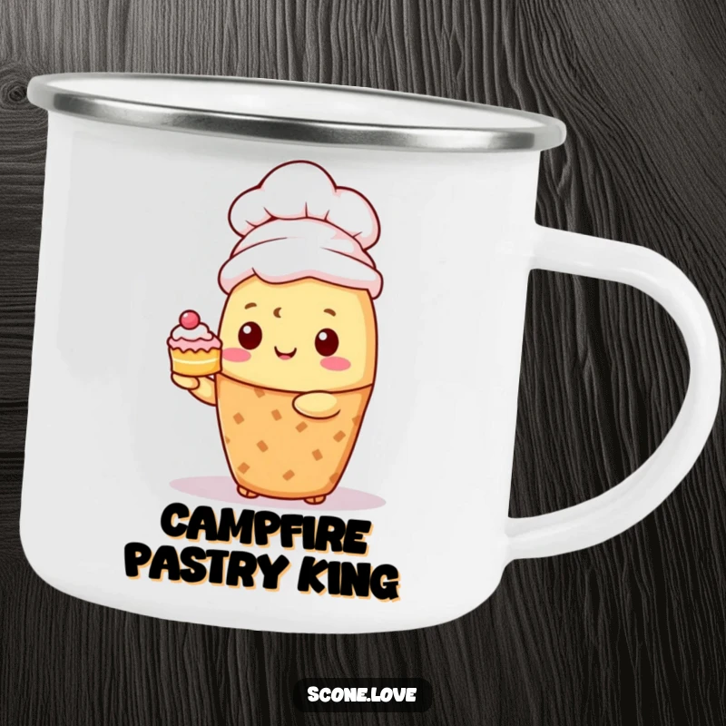Funny Kawaii Scone Chef Camping Mug: A scone in a chef hat proudly presents a tiny cake, ready for the outdoors.