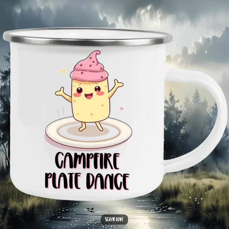 Funny camping mug featuring a happy kawaii scone character dancing on a large plate, ideal for hot beverages during outdoor fun, a cheerful gift.