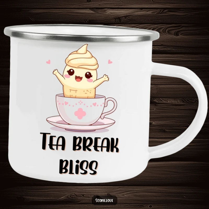 Funny Kawaii Scone Teacup Camping Mug: A scone joyfully leaping into a teacup, perfect for outdoor enjoyment.