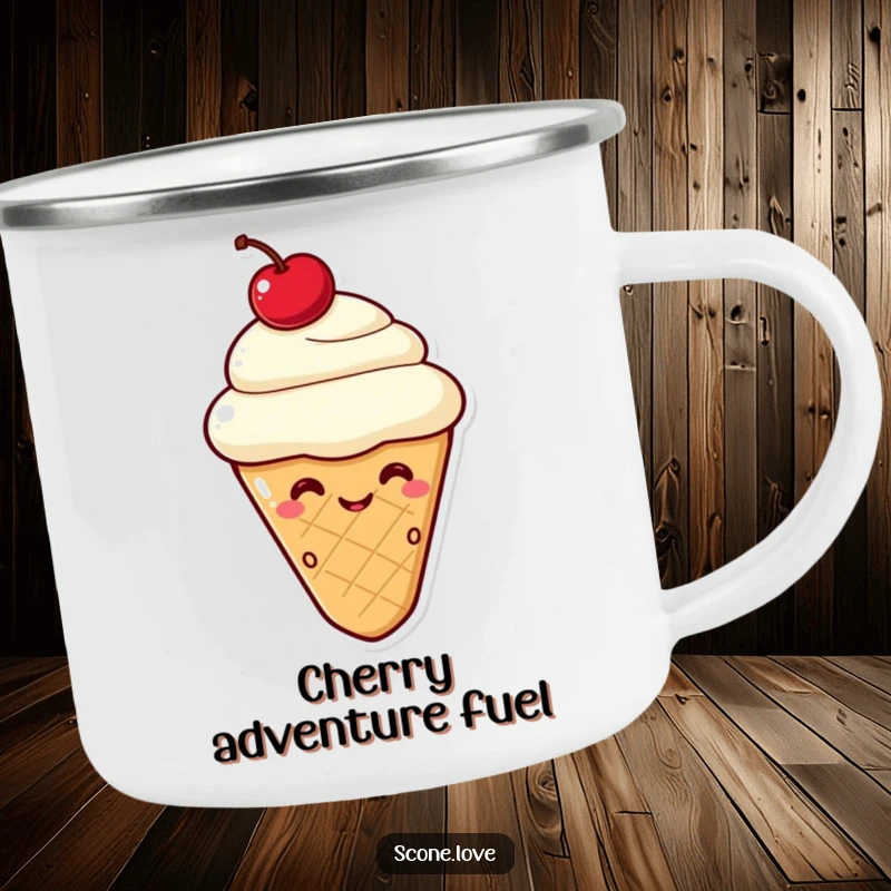 Funny Kawaii Scone Wink Camping Mug: A scone with a cherry on top gives a cheeky wink, ready for outdoors.