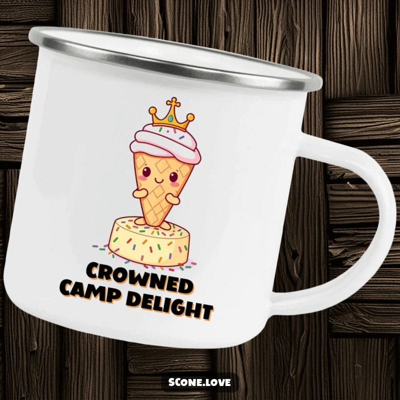 Funny Scone Camping Mug: A sturdy mug showing a crowned scone on sprinkles, perfect for outdoor treats and beverages.