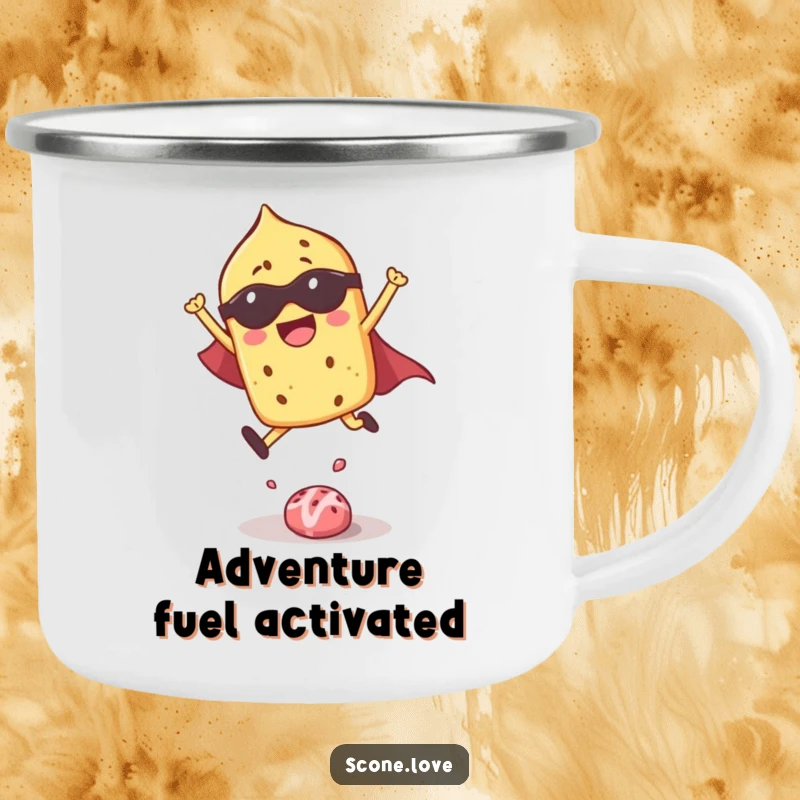 Funny camping mug depicting a superhero scone ready for outdoor fun, built for adventure.