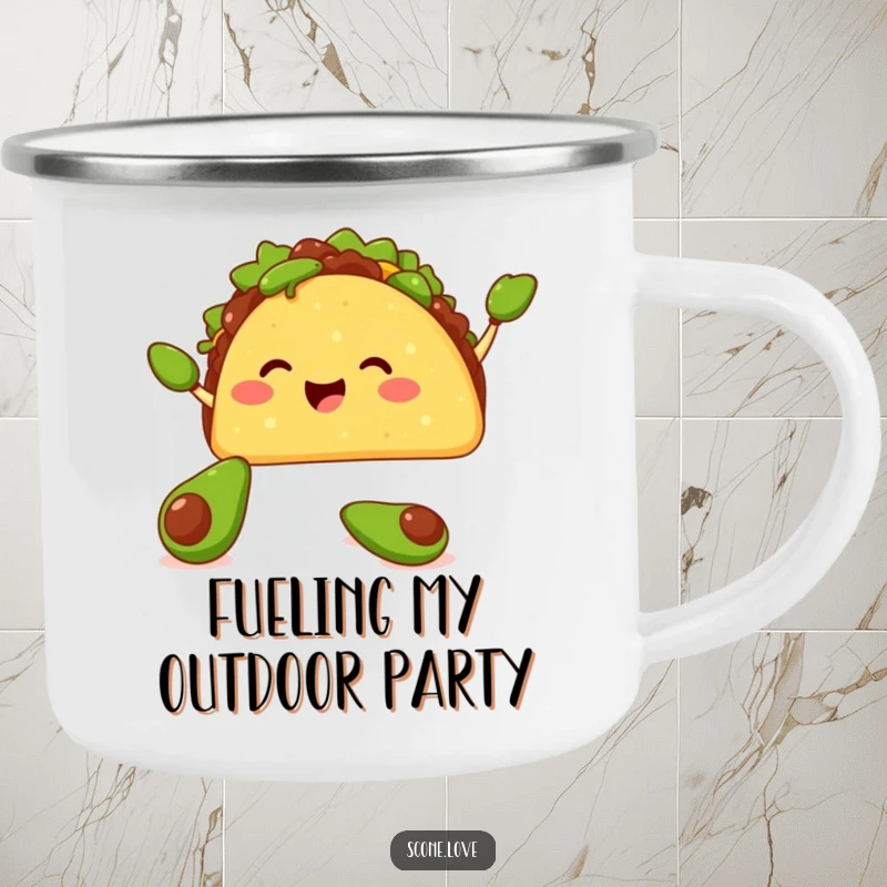 Funny camping mug with a happy taco juggling tiny avocados with its shell, durable for adventures and full of festive humor.