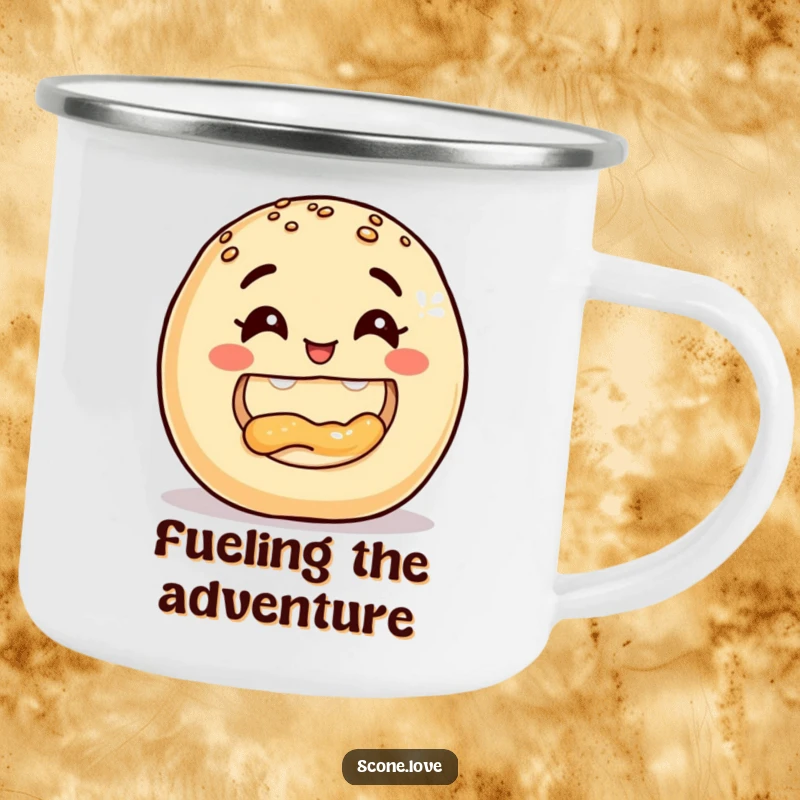 Funny Donut Camping Mug, depicting a smiling baked good's triumphant bite into another, perfect for enjoying treats outdoors with humor.