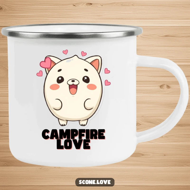 Funny Beaming Scone Camping Mug: A scone character beams with hearts floating around, adding humorous and loving charm to outdoor drinks.