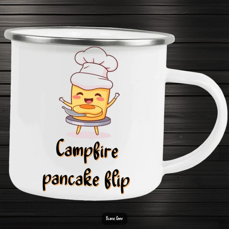 Funny camping mug with a scone in a chef hat joyfully flipping a miniature pancake, ideal for outdoor chefs.