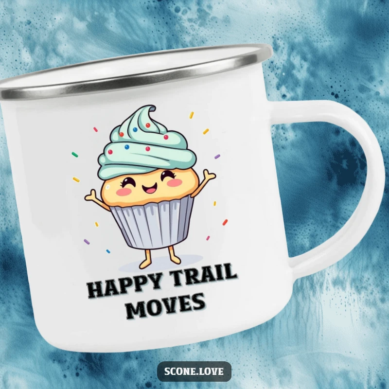 Funny camping mug shows a smiling cupcake dancing with a shower of sprinkles, a cheerful and humorous companion for outdoor adventures.