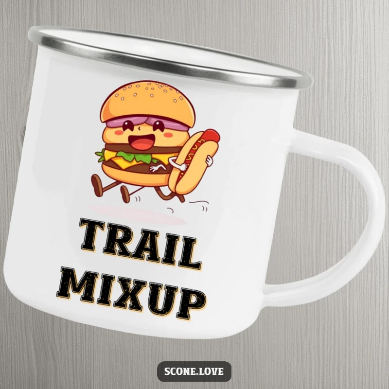 Funny camping mug featuring a hamburger and hot dog racing, perfect for outdoor adventures and adding a humorous element to drinks.