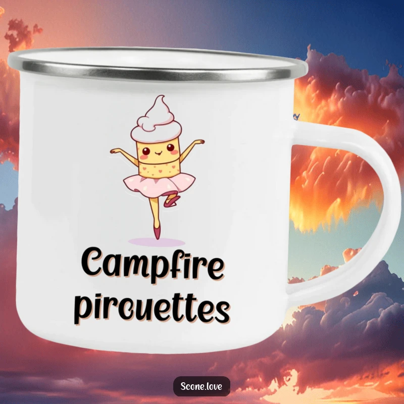 Funny kawaii scone character wobbling during a ballet pirouette on this durable and charming camping mug.