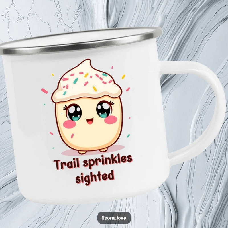 Funny camping mug with a kawaii scone character catching sprinkles, great for hot beverages during outdoor adventures, a quirky gift.