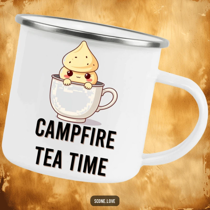 Funny Kawaii Scone Camping Mug with a cute scone character peeking from a giant tea infuser, perfect for outdoor enjoyment.