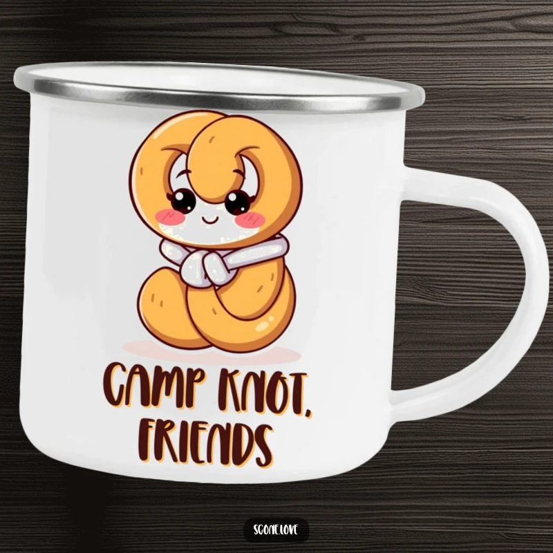 Funny camping mug with a pretzel tying its knot, perfect for outdoor use and adding a humorous, resourceful theme to drinks.
